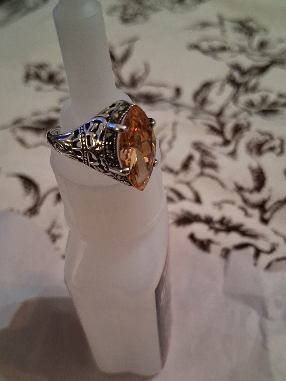 Filigree Sterling Silver Ring with Amber-Cut Orange Stone